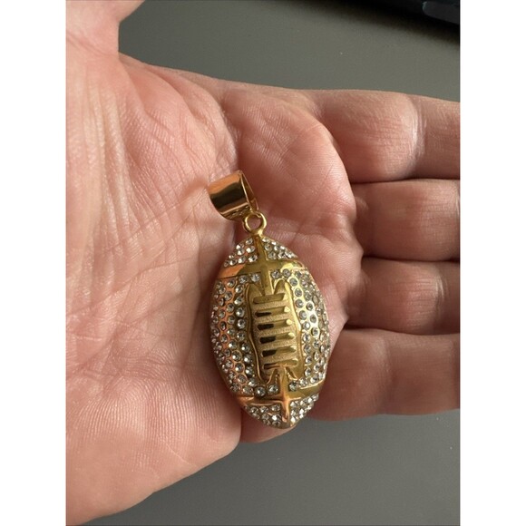 Football Pendant Chain Stainless Steel Super Bowl Gift Men’s Cubic Zirconia Gold - Picture 4 of 6